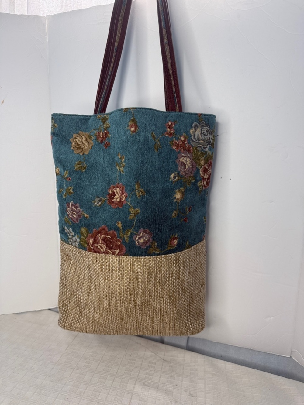 WINZ Floral Teal Tote Bag with Woven Straw Base